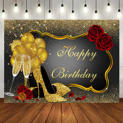 Aperturee - Red Rose Floral Glitter Gold Happy Birthday Backdrop