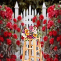 Aperturee - Red Rose Floral White Fence Garden Wedding Backdrop