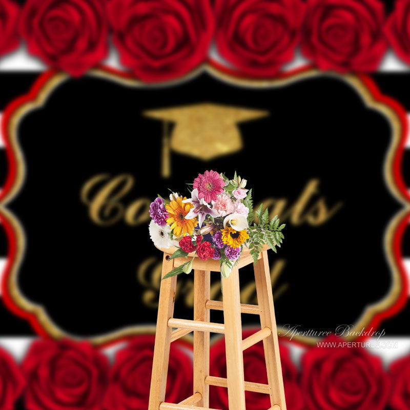 Aperturee - Red Rose Gold Congrats Grad Stripe Photoshoot Backdrop