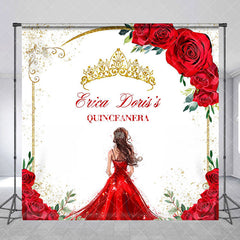 Aperturee - Red Rose Gold Crown Custom Name Quinceanera Backdrop