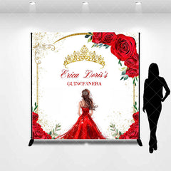 Aperturee - Red Rose Gold Crown Custom Name Quinceanera Backdrop