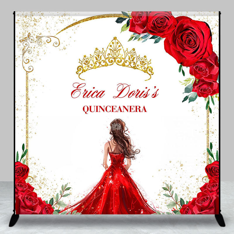 Aperturee - Red Rose Gold Crown Custom Name Quinceanera Backdrop