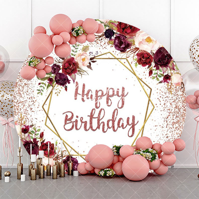 Aperturee - Red Rose Gold Glitter Floral Round Birthday Backdrop