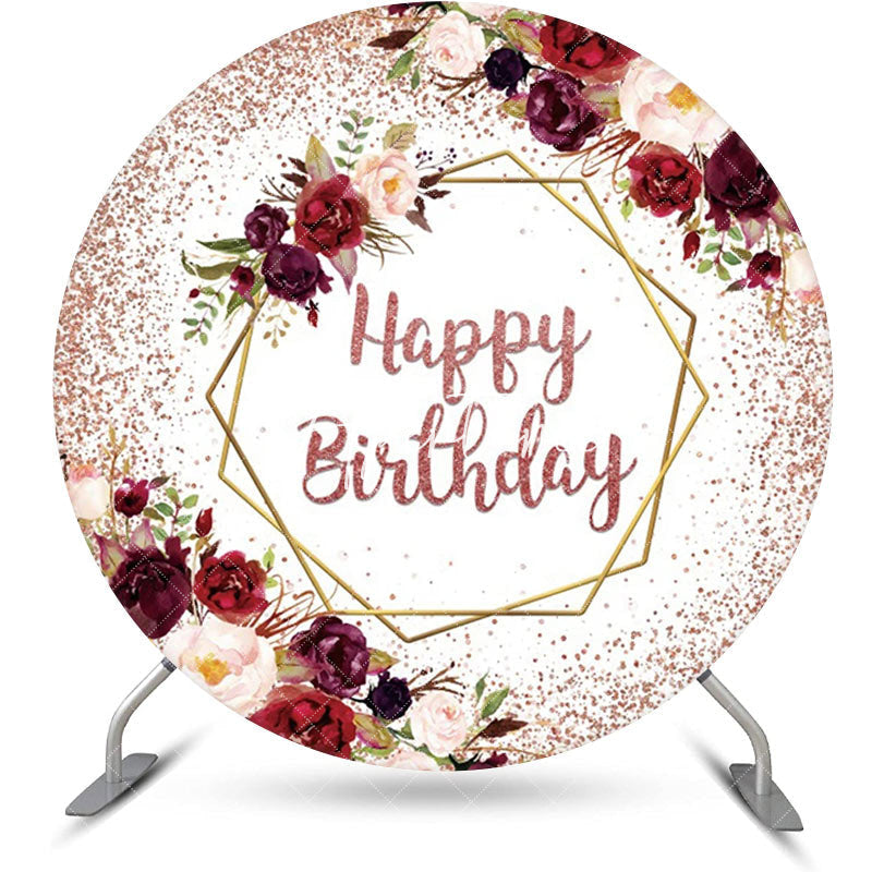 Aperturee - Red Rose Gold Glitter Floral Round Birthday Backdrop