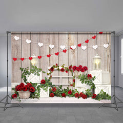 Aperturee - Red Rose Grass Light Stripe Wood Valentines Backdrop