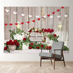 Aperturee - Red Rose Grass Light Stripe Wood Valentines Backdrop