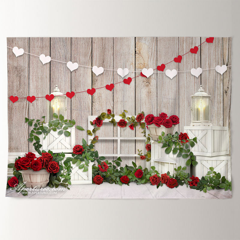 Aperturee - Red Rose Grass Light Stripe Wood Valentines Backdrop