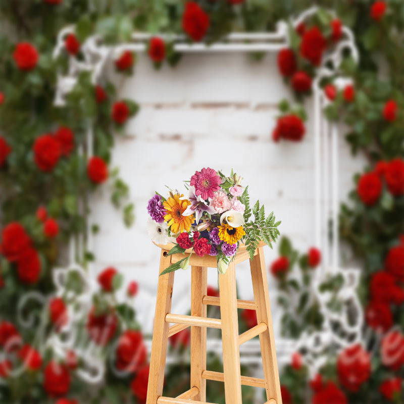 Aperturee - Red Rose Green Leaves Brick Wall Floral Backdrop