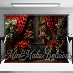 Aperturee - Red Rose Green Plants Gold Relief Wall Backdrop