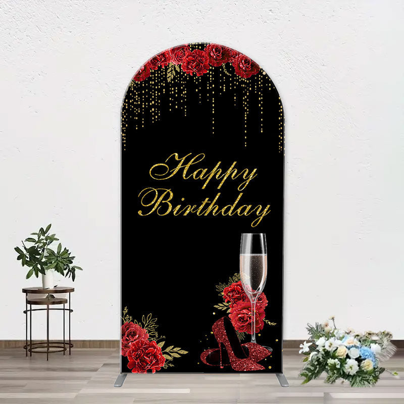 Aperturee - Red Rose High Heel Black Gold Arch Birthday Backdrop