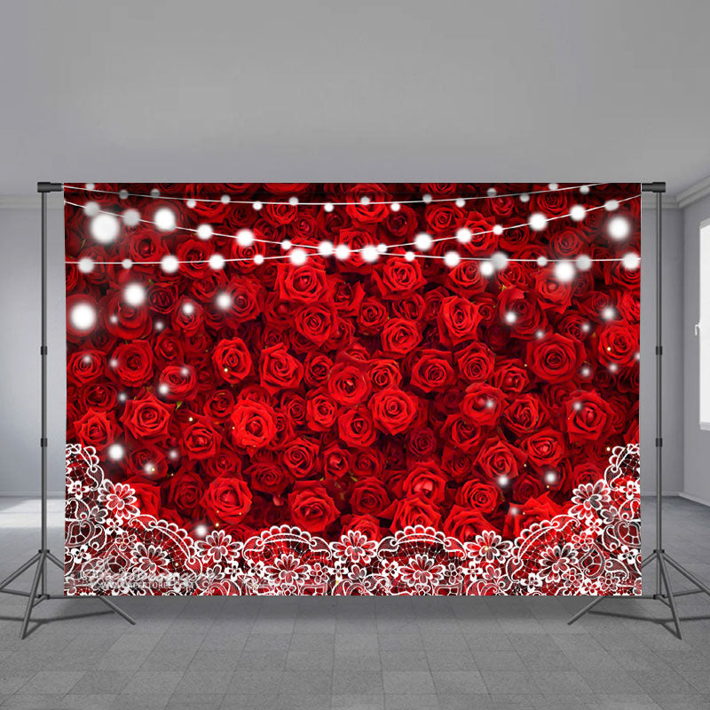 Aperturee - Red Rose Lighting Lace Happy Valentines Backdrop