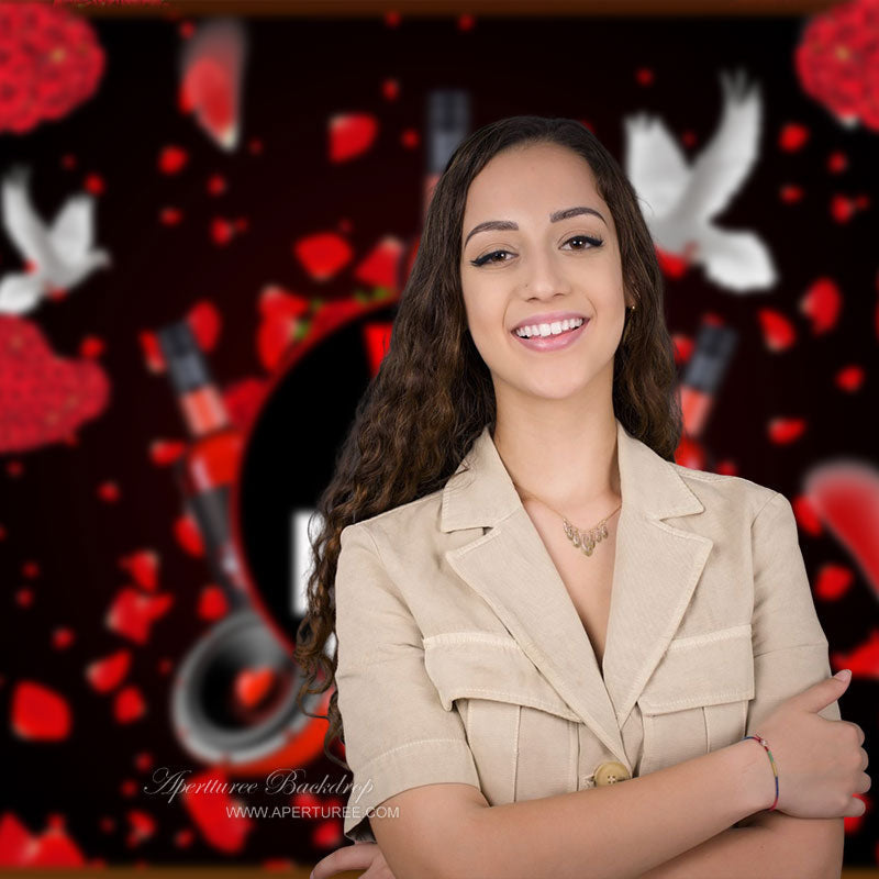 Aperturee - Red Rose Petal White Pigeons Valentines Day Backdrop