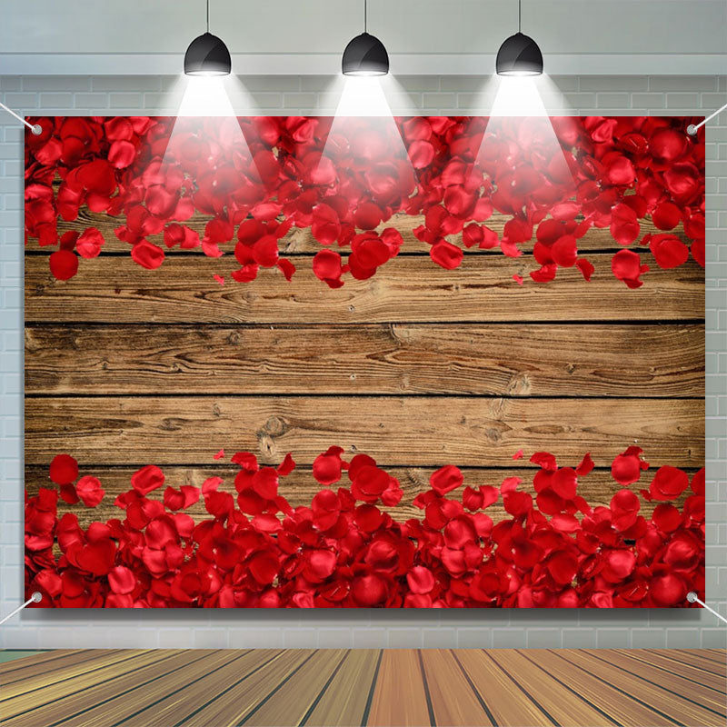 Aperturee - Red Rose Petals Wood Board Valentines Day Backdrop