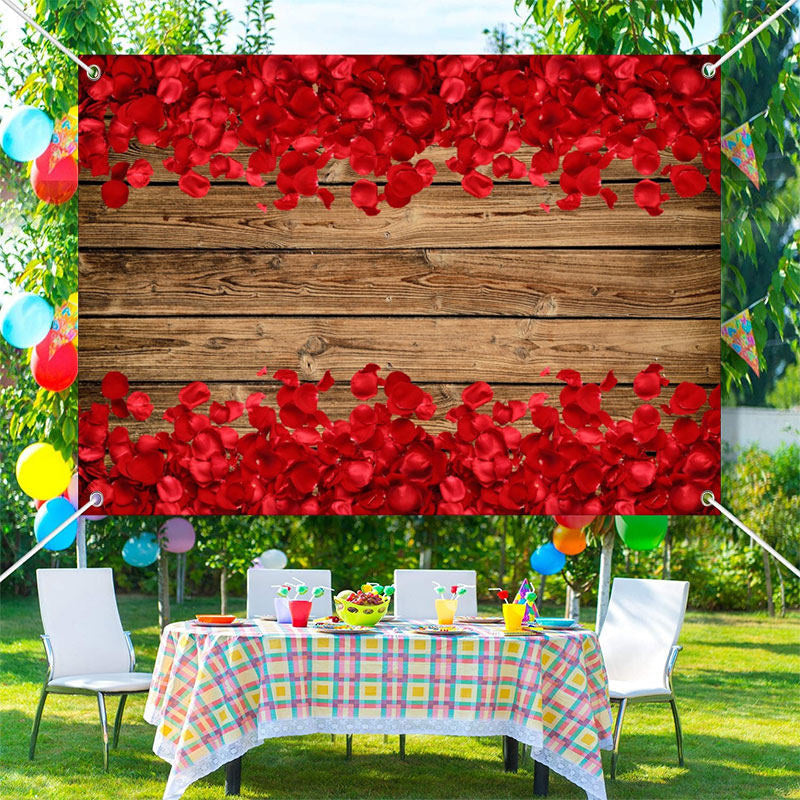 Aperturee - Red Rose Petals Wood Board Valentines Day Backdrop