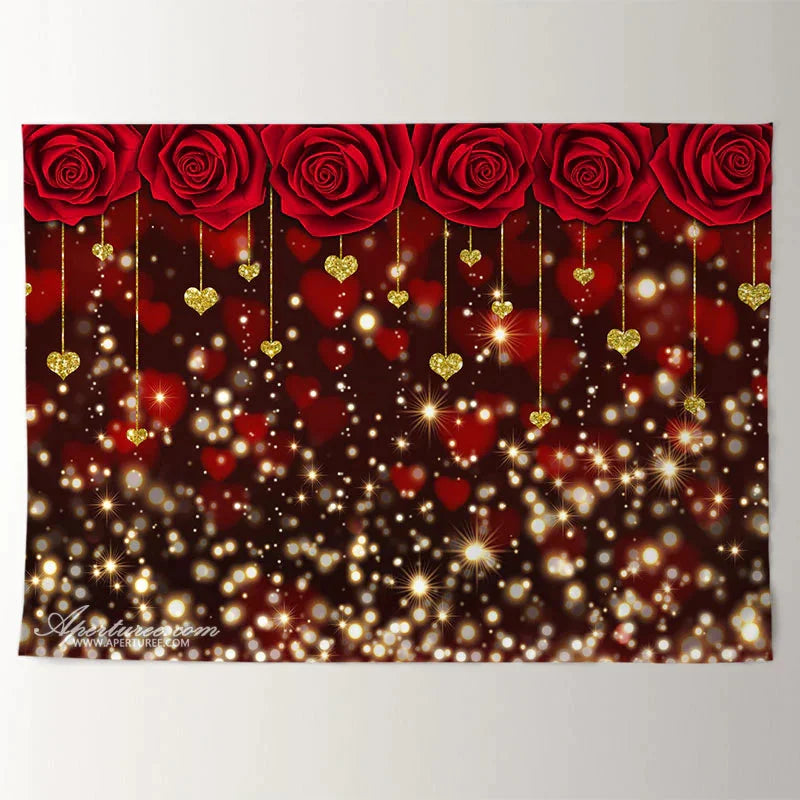 Aperturee - Red Rose With Glitter Heart Valentine Backdrop