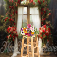 Aperturee - Red Rose Wood Door Curtian Forest Photo Backdrop