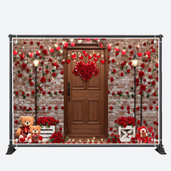 Aperturee - Red Rose Wooden Door Bear Valentines Day Backdrop