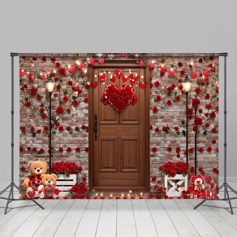 Aperturee - Red Rose Wooden Door Bear Valentines Day Backdrop