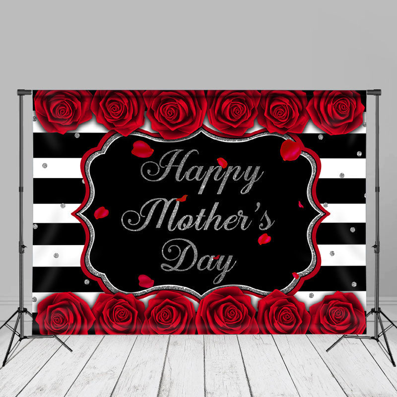 Aperturee - Red Roses Black White Stripe Mothers Day Backdrop