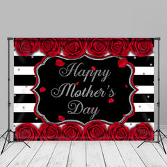 Aperturee - Red Roses Black White Stripe Mothers Day Backdrop