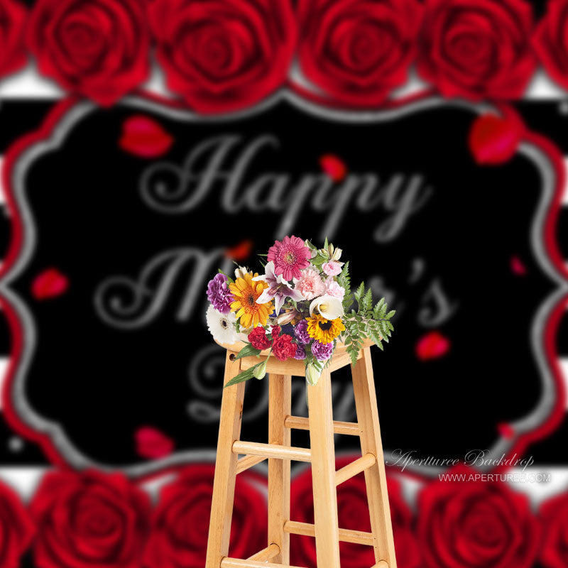 Aperturee - Red Roses Black White Stripe Mothers Day Backdrop