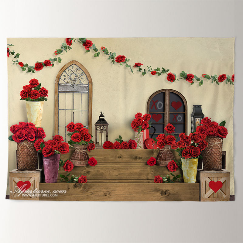 Aperturee - Red Roses Cabin Door White Valentines Day Backdrop