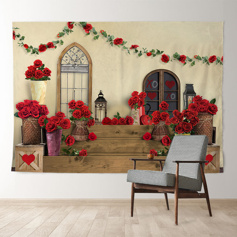 Aperturee - Red Roses Cabin Door White Valentines Day Backdrop