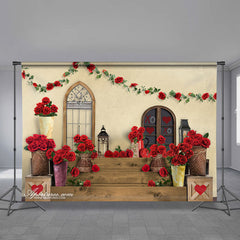 Aperturee - Red Roses Cabin Door White Valentines Day Backdrop