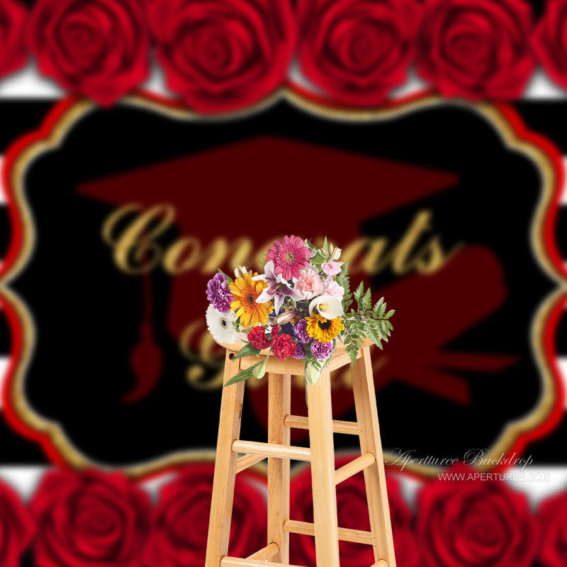 Aperturee - Red Roses Stripe Congrats Grad Photo Booth Backdrop