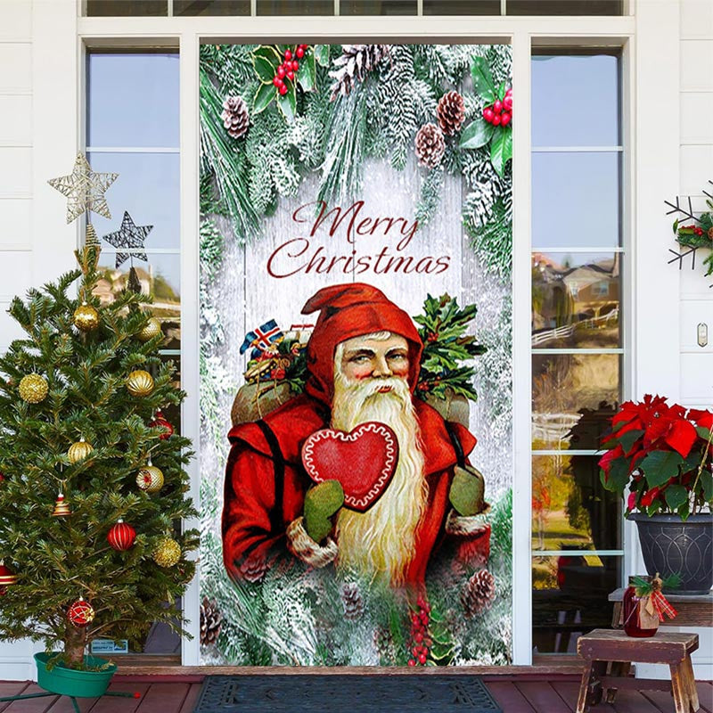 Aperturee - Red Santa Claus Green Plants Christmas Door Cover