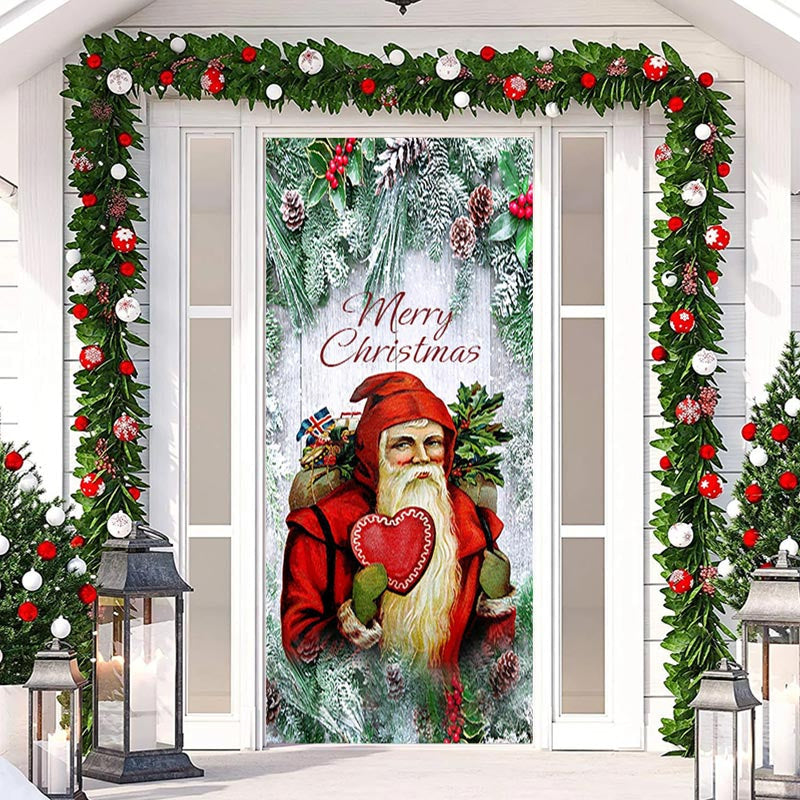 Aperturee - Red Santa Claus Green Plants Christmas Door Cover