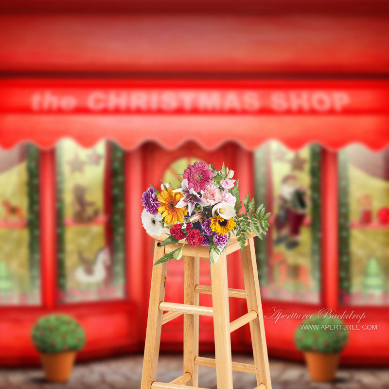 Aperturee - Red Shop Door And Window Happy Christmas Backdrop