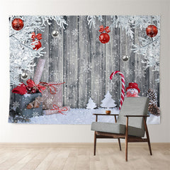 Aperturee - Red Silver Ball Gift Grey Wood Christmas Backdrop