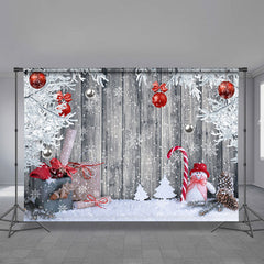 Aperturee - Red Silver Ball Gift Grey Wood Christmas Backdrop