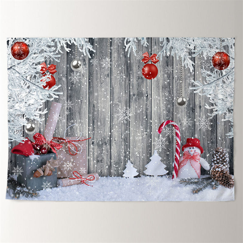 Aperturee - Red Silver Ball Gift Grey Wood Christmas Backdrop