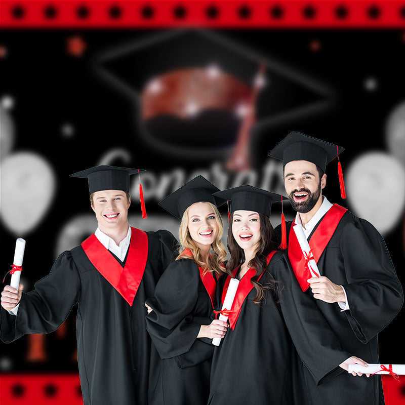 Aperturee - Red Silver Balloons Black Grad Backdrop For Photo