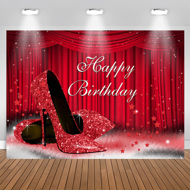 Aperturee - Red Stage and High Heel Glitter Happy Birthday Backdrop