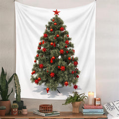 Aperturee - Red Star Dark Green Christmas Tree Wall Tapestry