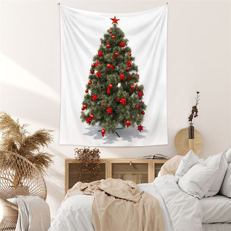 Aperturee - Red Star Dark Green Christmas Tree Wall Tapestry