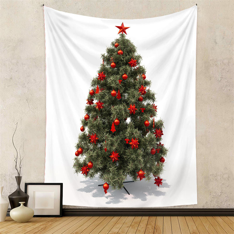 Aperturee - Red Star Dark Green Christmas Tree Wall Tapestry