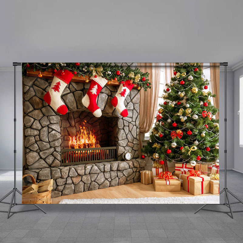 Aperturee - Red Stock Fireplace Bright Room Christmas Backdrop