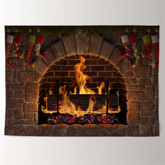 Aperturee - Red Stocking Fireplace Brick Christmas Backdrop