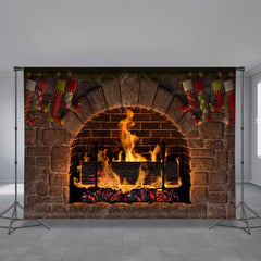 Aperturee - Red Stocking Fireplace Brick Christmas Backdrop