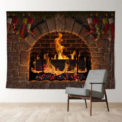 Aperturee - Red Stocking Fireplace Brick Christmas Backdrop