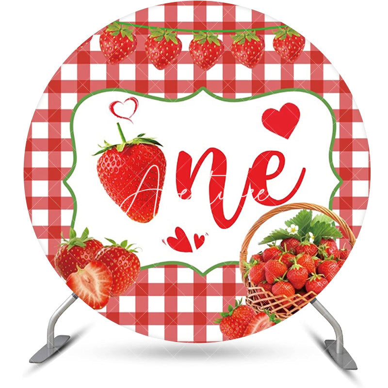 Aperturee - Red Strawberry Plaid Round 1st Birthday Backdrop