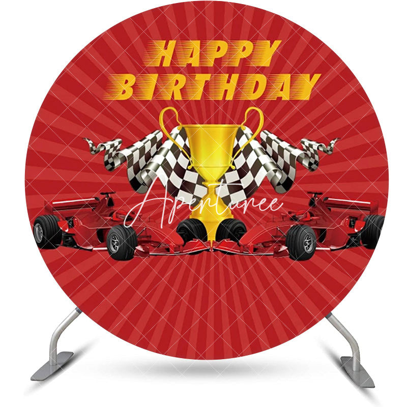 Aperturee - Red Stripe Trophy Racing Car Round Birthday Backdrop