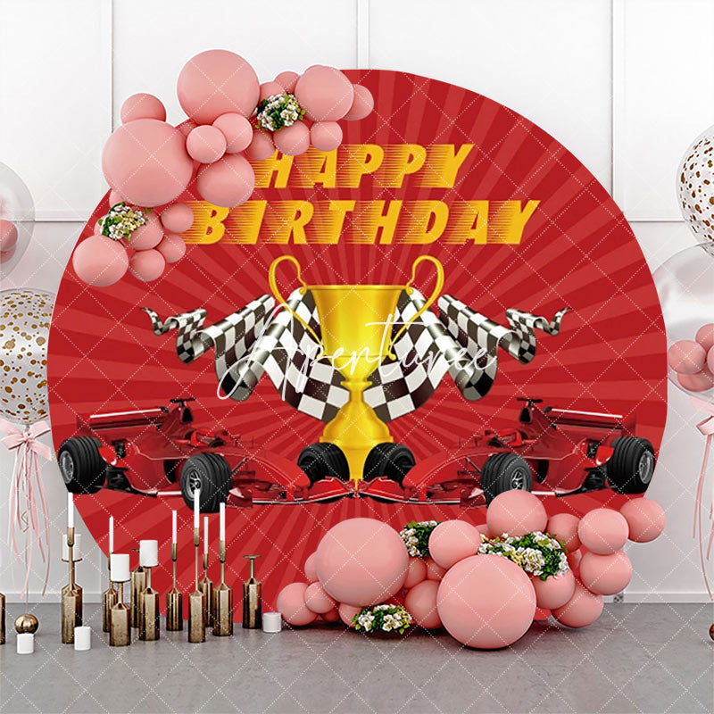 Aperturee - Red Stripe Trophy Racing Car Round Birthday Backdrop