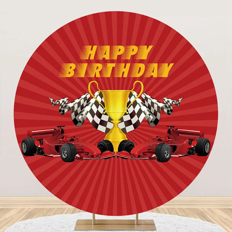 Aperturee - Red Stripe Trophy Racing Car Round Birthday Backdrop