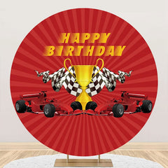 Aperturee - Red Stripe Trophy Racing Car Round Birthday Backdrop