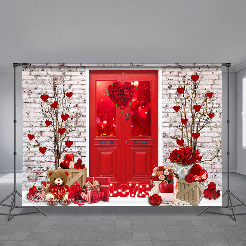 Aperturee - Red Theme Roses Brick Wall Valentines Photo Backdrop